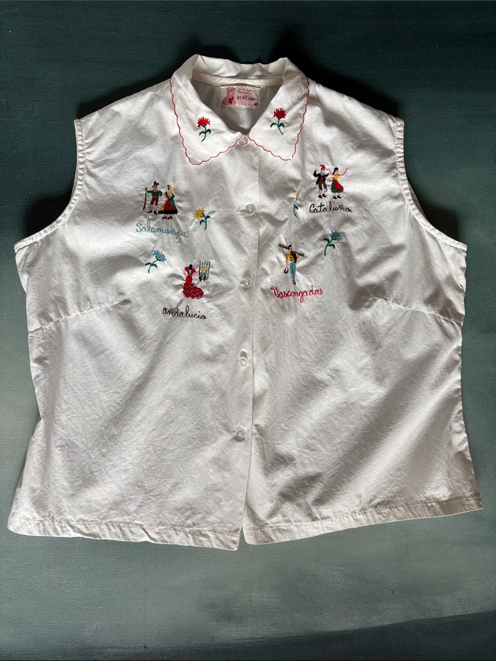 Vintage Spanish Souvenir Embroidered Sleeveless Cotton Blouse Top MCM